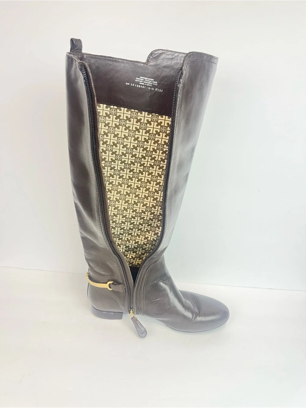 Tory Burch Dark Brown Leather Knee-High Boots with Gold Accents 6.5 M